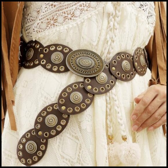 Western Wide Disc Belt Vintage Boho PU Leather Buckle Adjustable Dress Jeans - Picture 5 of 7